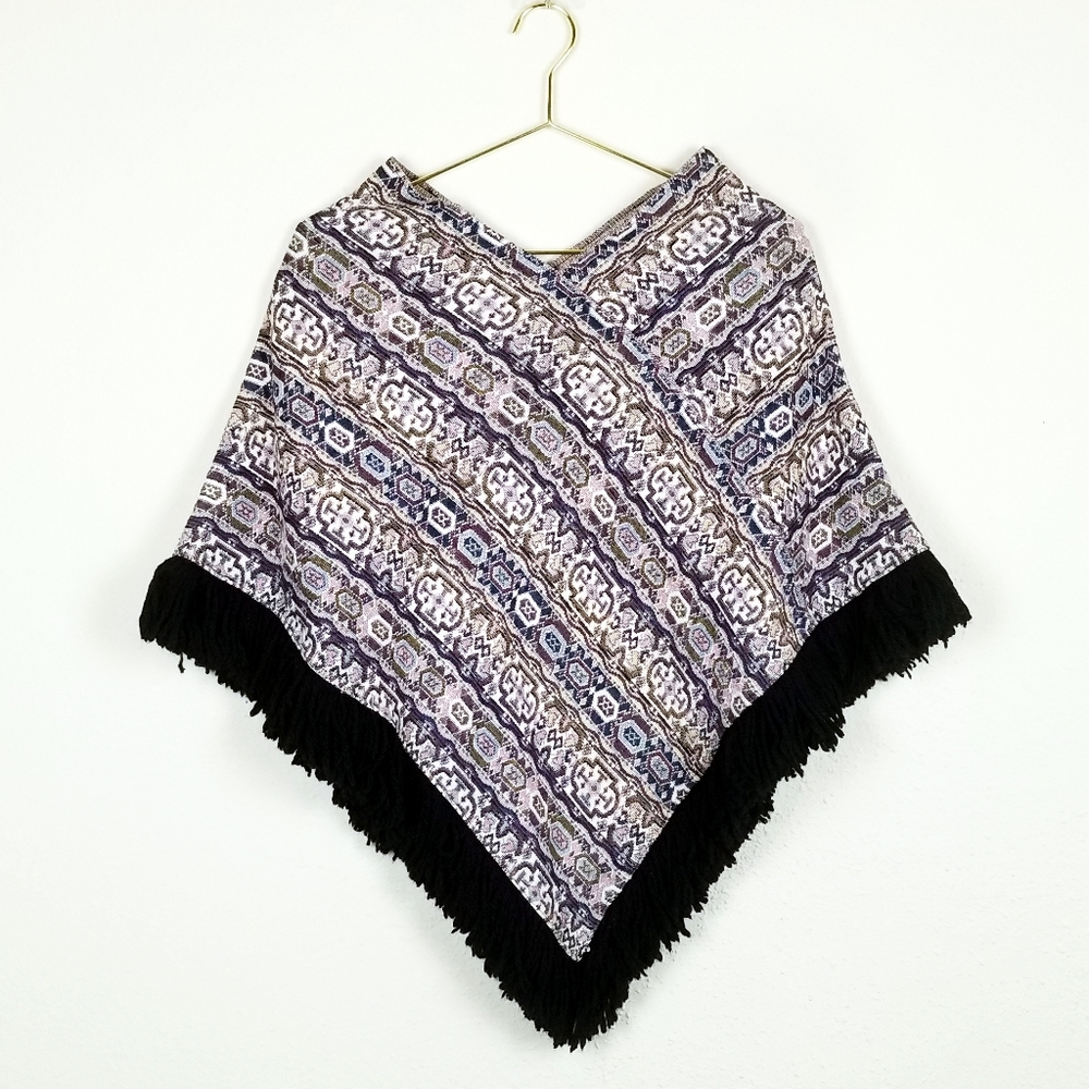 Vtg Boho Embroidered Poncho Fringe